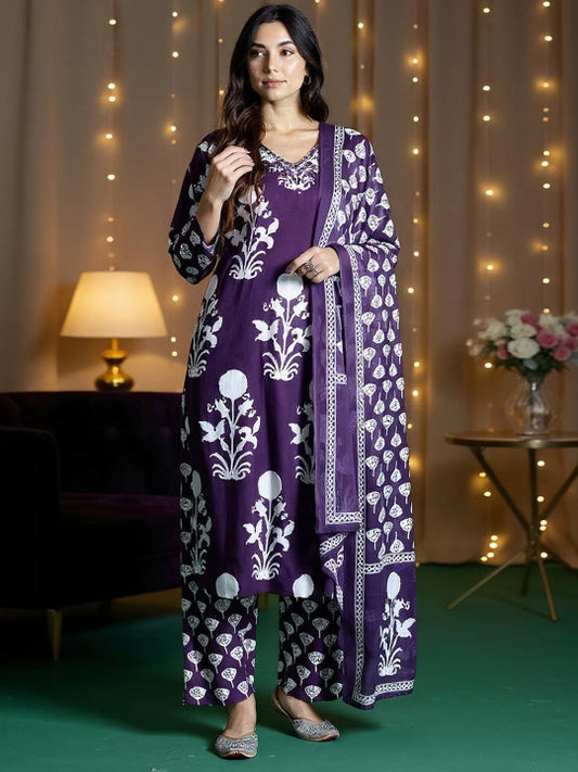 Indo Era Floral Printed V-Neck Pure Cotton Straight Kurta With Trousers And Dupatta