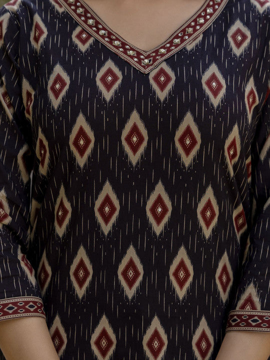 EthniFlair Geometric Printed V-Neck Pure Cotton Straight Kurta With Trousers And Dupatta