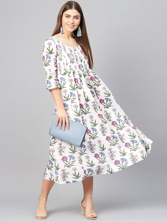 Biba Off-White & Pink Floral Printed A-Line Dress