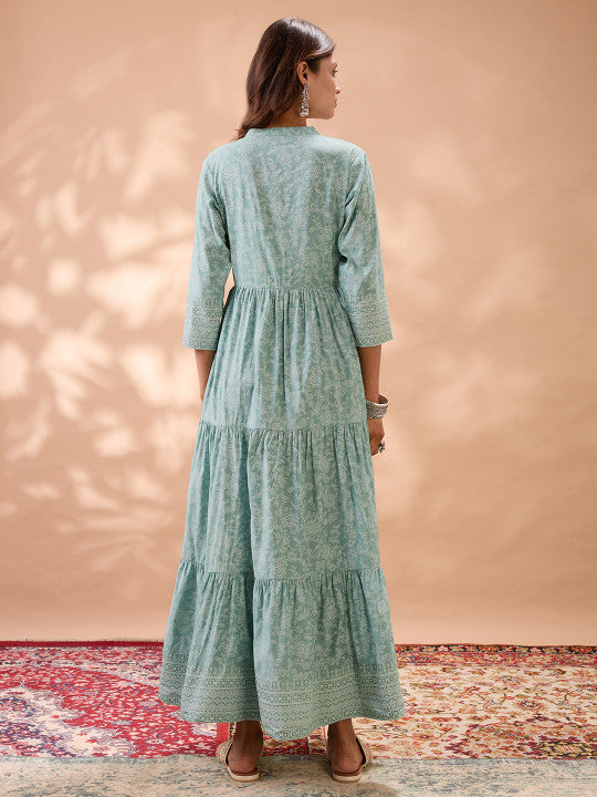 Globus Floral Print Fit & Flare Lace Detail Flared Hem Tiered Maxi Dress