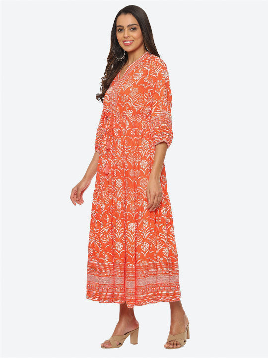 Biba Floral Printed V-Neck Midi Dress