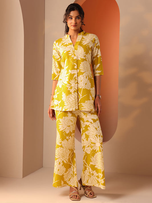 Yellow Floral Printed A-Line Co-Ord (Set of 2)