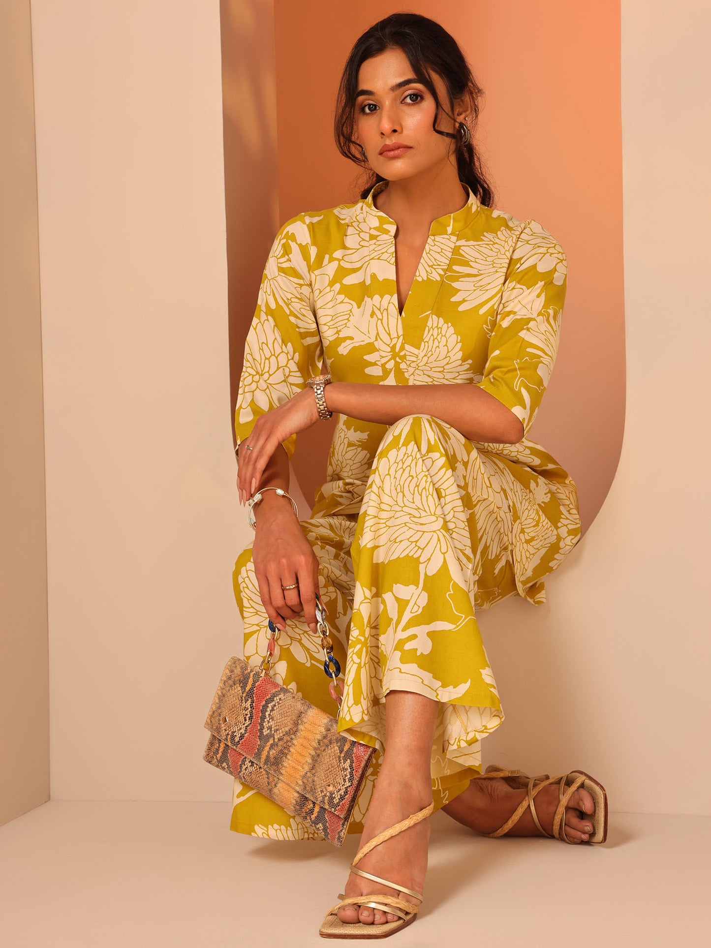 Yellow Floral Printed A-Line Co-Ord (Set of 2)