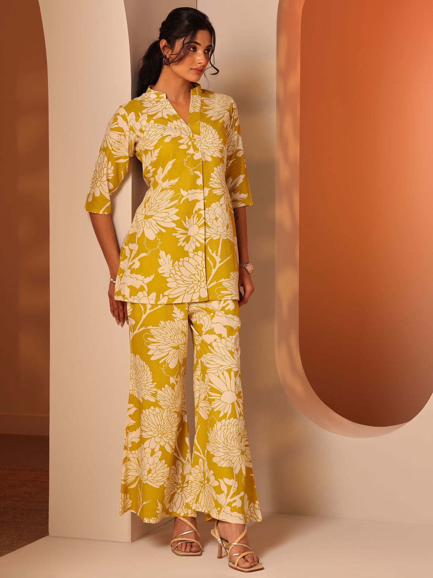 Yellow Floral Printed A-Line Co-Ord (Set of 2)