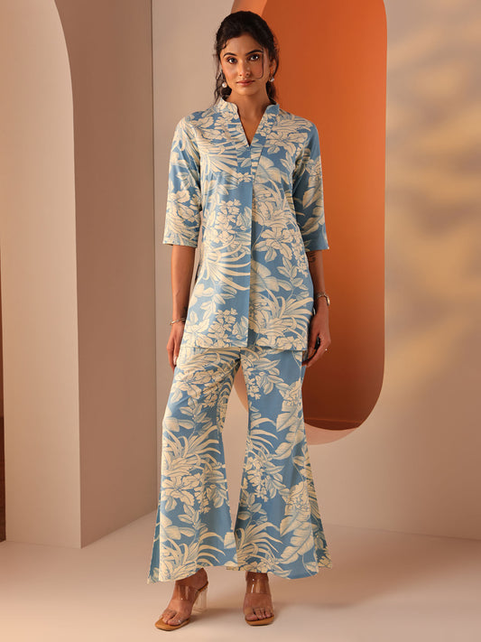Blue Floral Printed A-Line Co-Ord (Set of 2)
