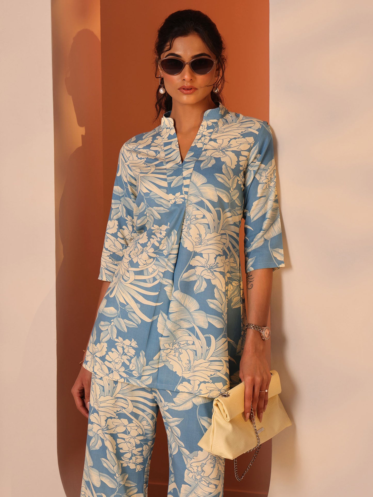 Blue Floral Printed A-Line Co-Ord (Set of 2)