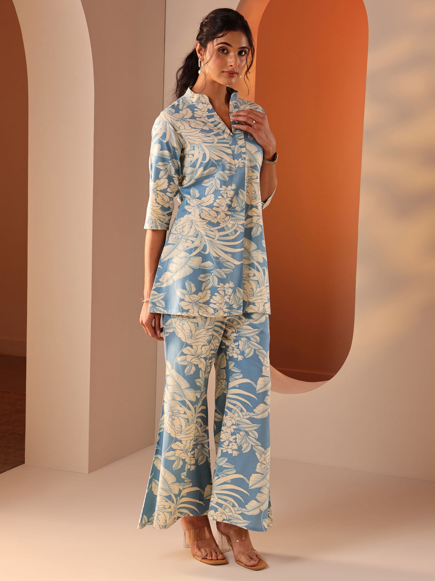 Blue Floral Printed A-Line Co-Ord (Set of 2)
