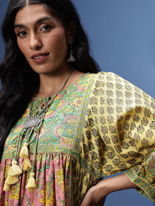Taavi Floral Printed A-Line Sanganeri Ethnic Dress