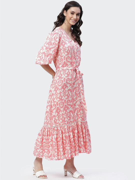 Biba White & Pink Ethnic Motifs Printed A-Line Maxi Dress