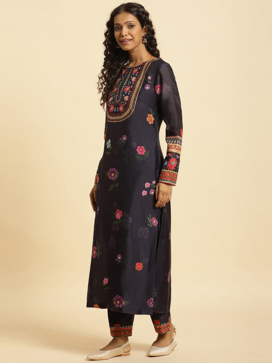 WISHFUL Floral Printed Sequinned Straight Kurta With Trousers & Dupatta