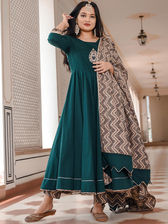 Indian Virasat Women Sea Green Empire Gotta Patti Pure Cotton Kurta Trousers & Dupatta
