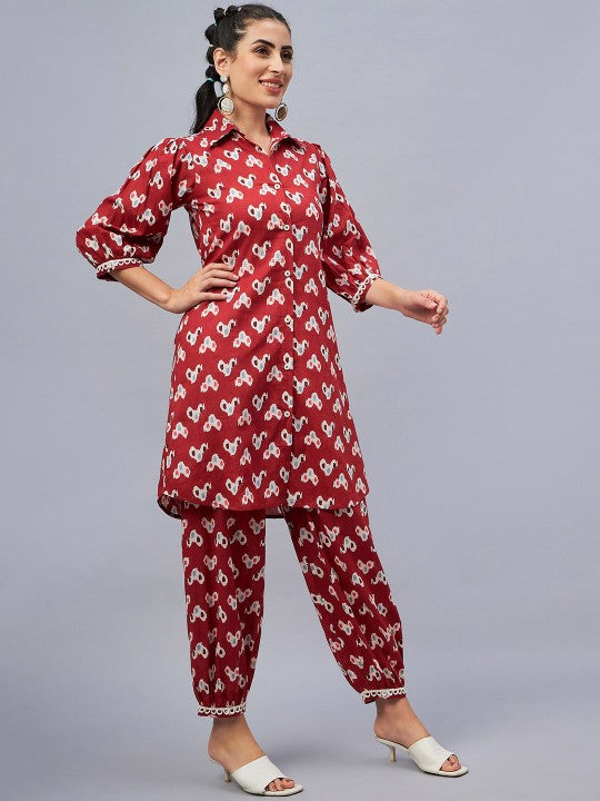 WineRed Printed Shirt Collar Three-Quarter Sleeves Pure Cotton Top & Trouser