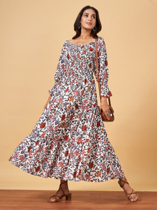 YU by Pantaloons Floral Printed Puff Sleeve Pure Cotton Fit & Flare Maxi Ethnic Dresses