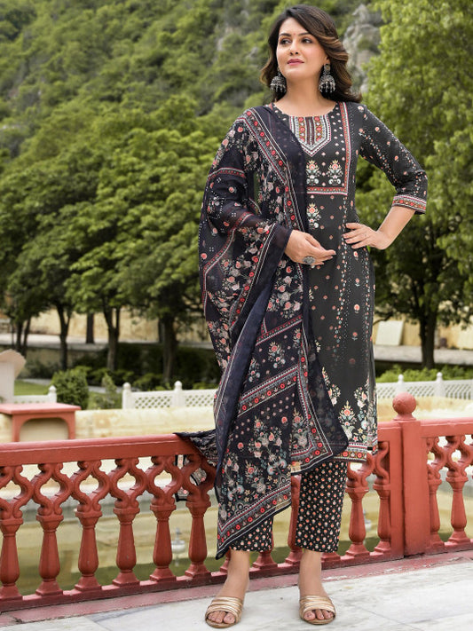 Floral Printed Straight Liva Kurta With Trouser & Dupatta