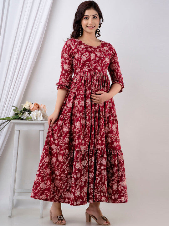 Henal Floral Printed Gathered Tiered Cotton Maternity Ethnic Dress