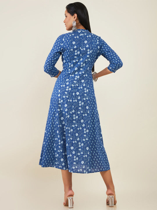 Mandarin Collar Floral Printed Cotton Fit & Flare Midi Ethnic Dress