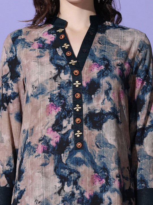 FUTURO Mandarin Collar Printed Top With Trouser