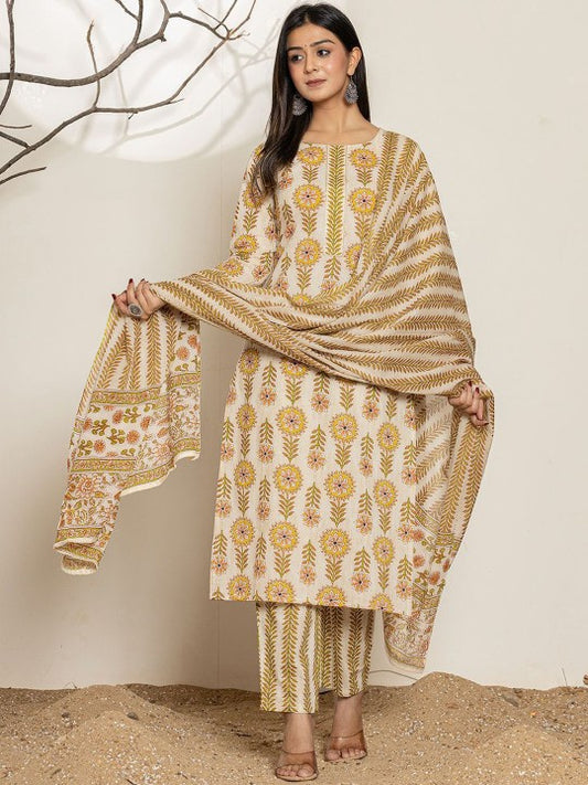 Yufta Round Neck Floral Printed Gotta Patti Pure Cotton Kurta with Trouser & Dupatta