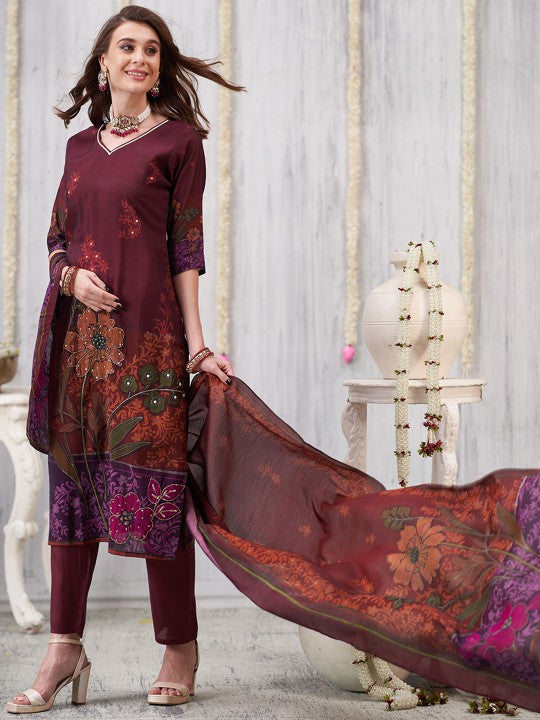 Anouk Floral Printed V-Neck Sequinned Chanderi Silk Kurta