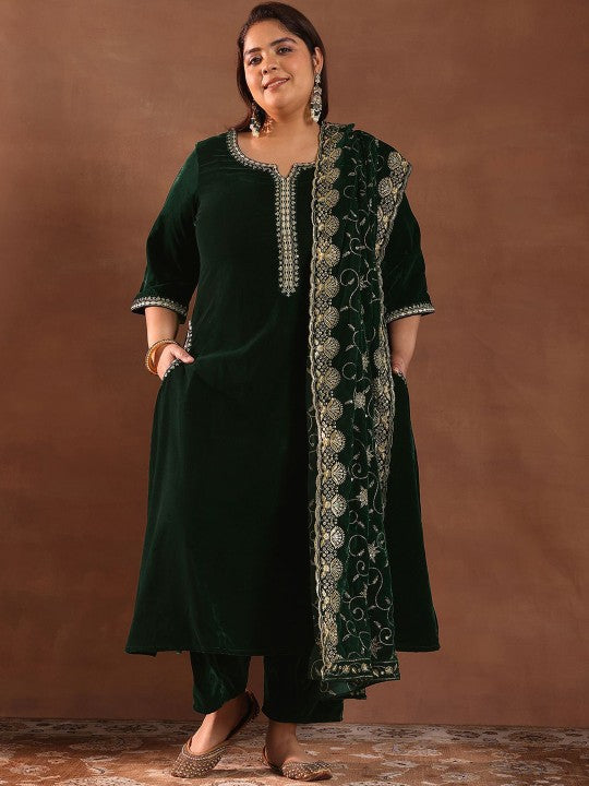 EXTRA LOVE BY LIBAS Plus Size Floral Yoke Design Velvet Kurta