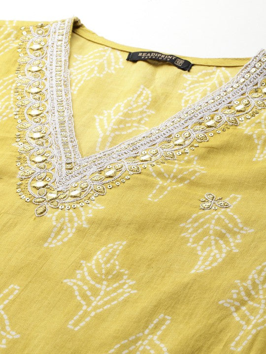 Floral Printed Thread Work Pure Cotton Kurta