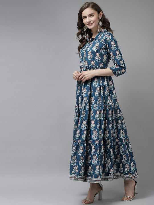 Yufta Blue Floral Print Cotton Maxi Dress
