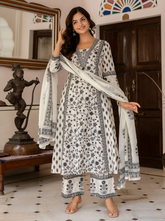 Anouk Women Floral Printed Sequinned Pure Cotton Kurta with Palazzos & Dupatta Kurta Sets