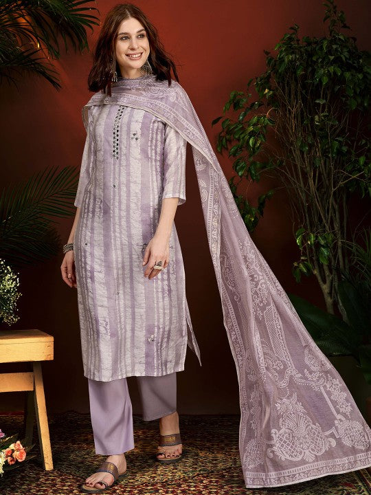 Anouk Green Striped Mirror Work Chanderi Silk Straight Kurta