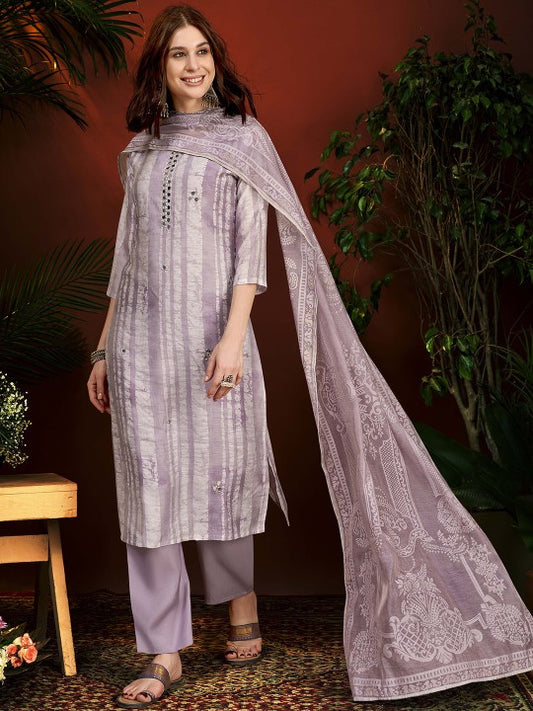 Anouk Green Striped Mirror Work Chanderi Silk Straight Kurta