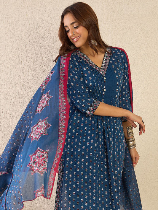 Indo Era Women Ethnic Motifs Printed Thread Work Kurta with Trousers & With Dupatta