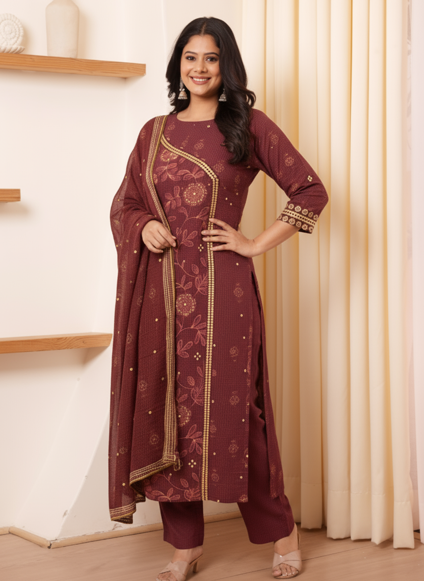 Viscose Floral Straight Maroon Kurta