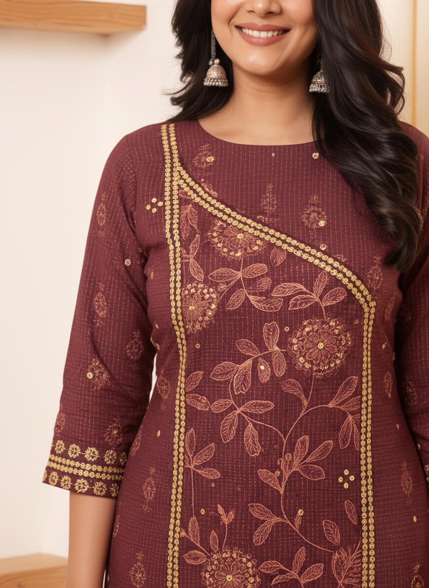 Viscose Floral Straight Maroon Kurta