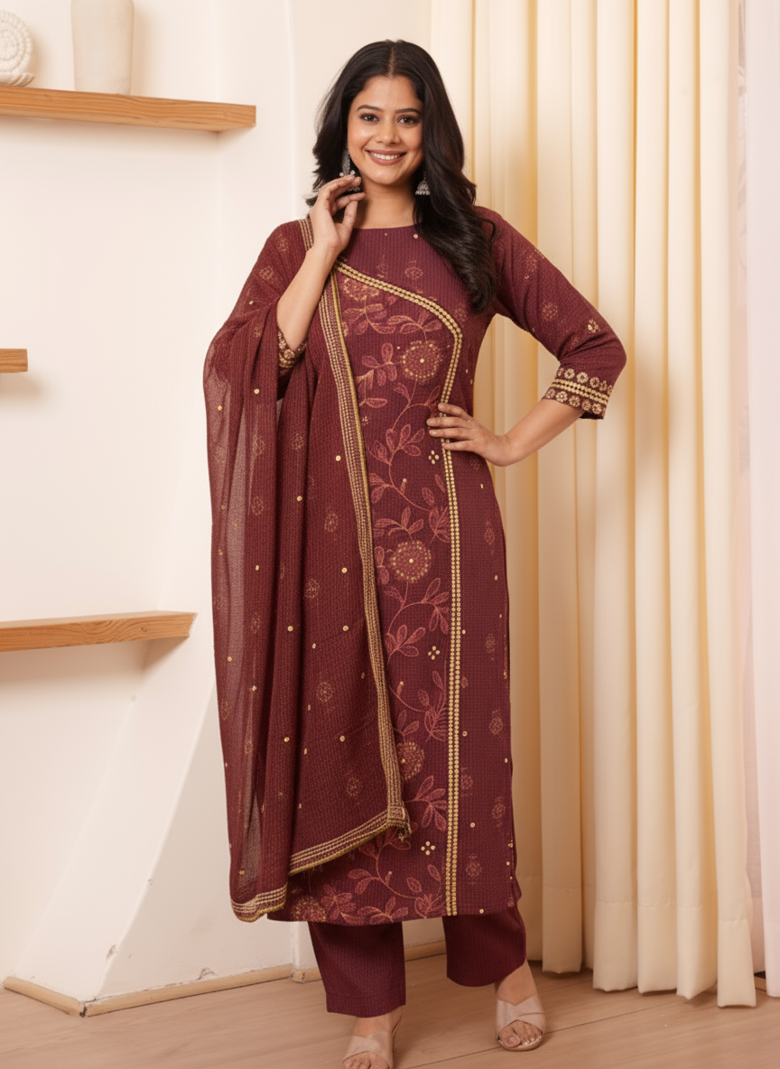 Viscose Floral Straight Maroon Kurta