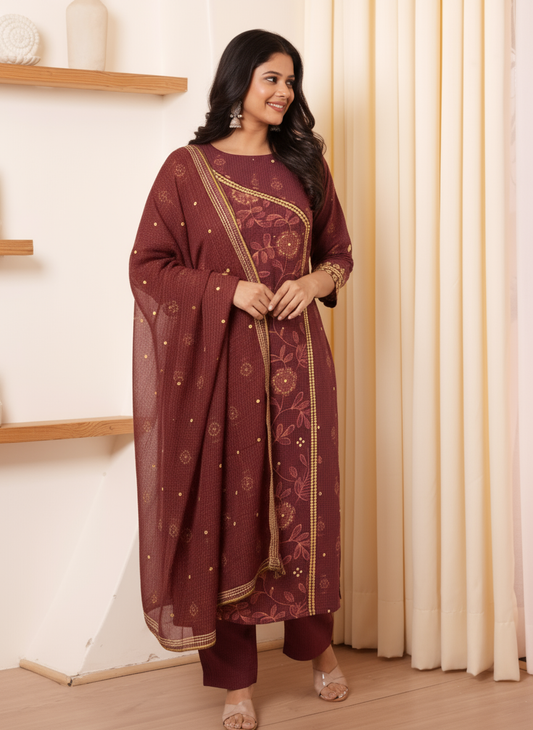 Viscose Floral Straight Maroon Kurta