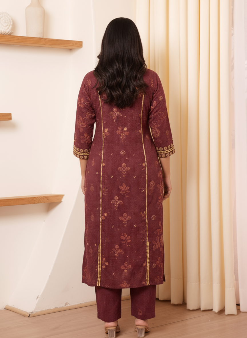 Viscose Floral Straight Maroon Kurta
