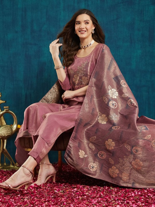 Floral Yoke Design Beads and Stones Pure Silk Kurta