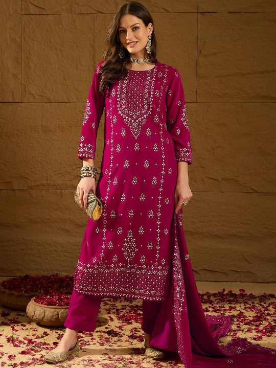 House of Pataudi Floral Embroidered Velvet Straight Kurta