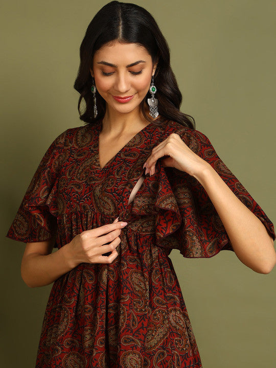 ZNX Clothing Women Flared Sleeve Maternity A-Line Midi Ethnic Dresses