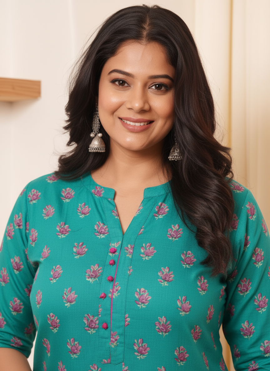 Soft Cotton Placement Print Straight Turquoise Kurta
