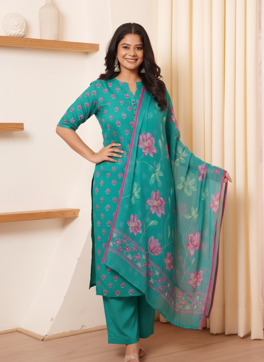 Soft Cotton Placement Print Straight Turquoise Kurta