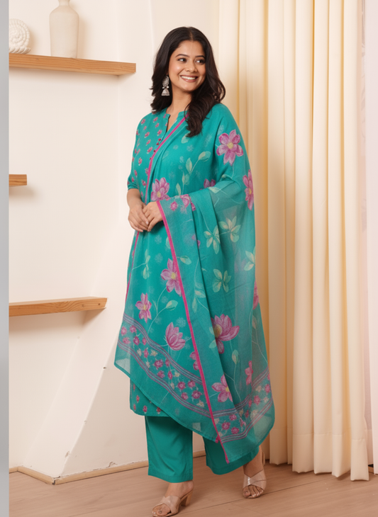 Soft Cotton Placement Print Straight Turquoise Kurta