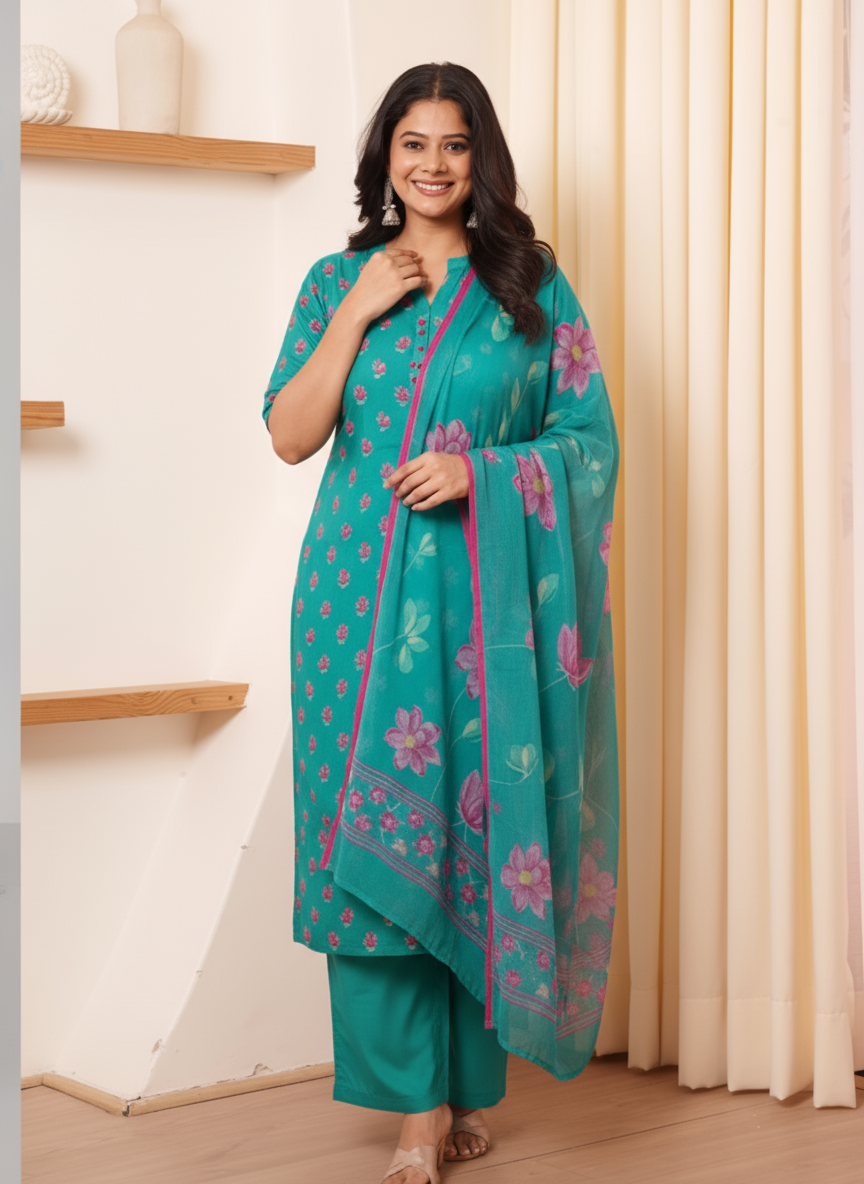 Soft Cotton Placement Print Straight Turquoise Kurta