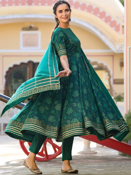 GILLORI Floral Printed Gotta Patti Pure Cotton Anarkali Kurta & Trousers With Dupatta
