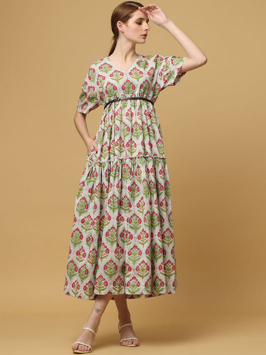 BLACK & BLAH BLAH Handblock Printed Relaxed Fit Cotton Flared Maxi Ethnic Dress