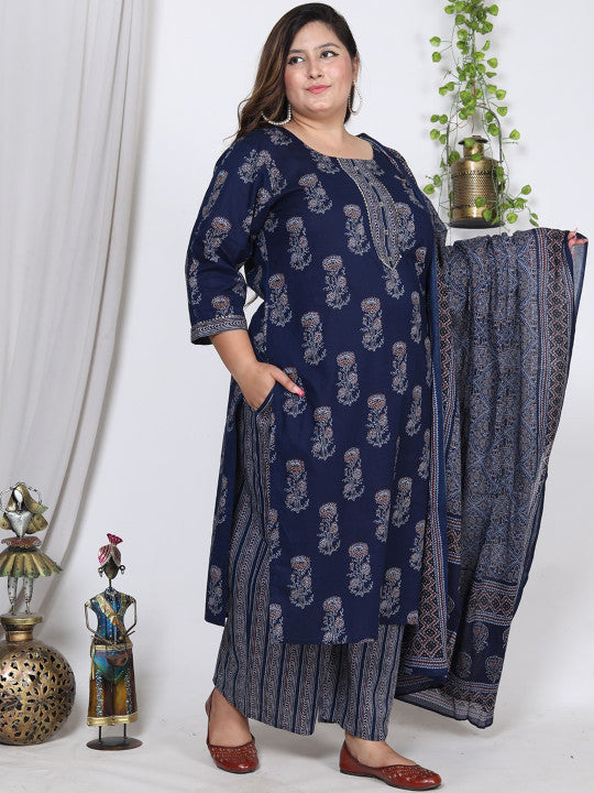 Swasti Plus Size Floral Printed Pure Cotton Kurta With Trousers & Dupatta