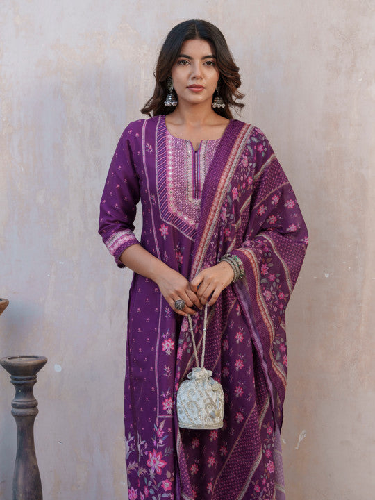 Floral Printed Straight Kurta With Trousers And Dupatta