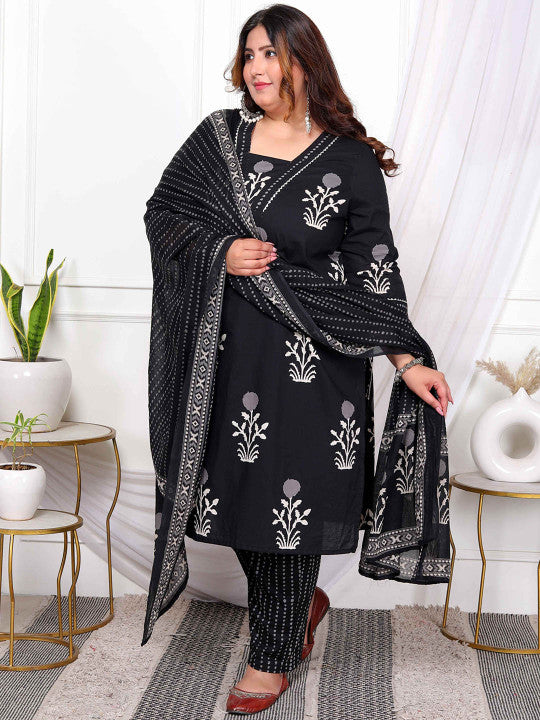 Floral Printed Pure Cotton Straight Kurta With Trouser And Dupatta