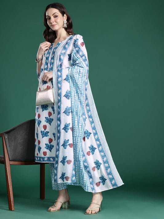 Indo Era Floral Printed Beads and Stones Pure Cotton Kurta with Trousers & With Dupatta