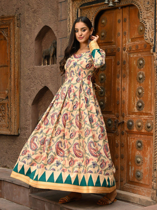 Vinya Ethnic Motifs Printed V-Neck Long Sleeves Fit & Flare Maxi Dress