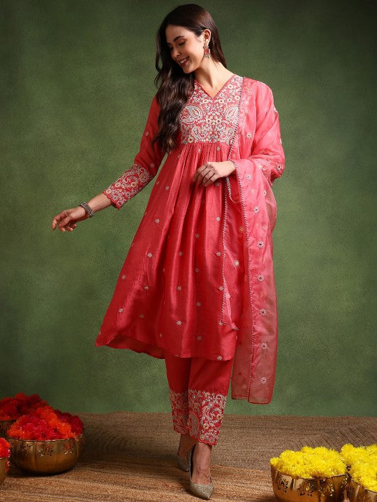 AHIKA Pink Paisley Embroidered Empire Thread Work Kurta